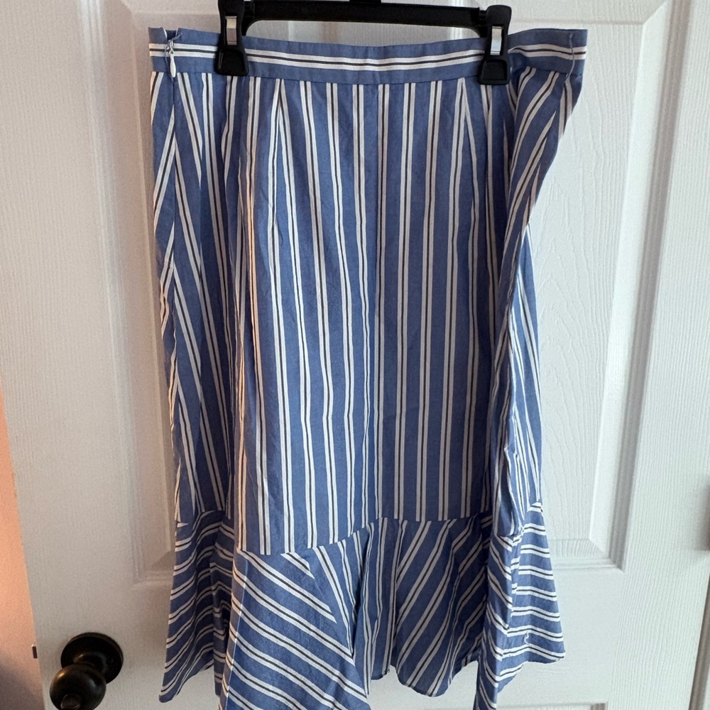 Talbots Blue and White A-Line Midi Skirt with Ruffled Hem